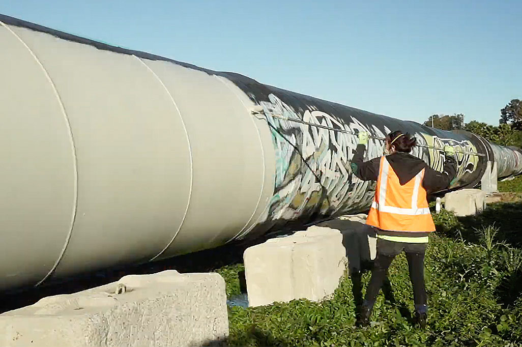 Painters working on the Between Mountains mural, adding vibrant colors to the large-scale design in the atriumof the building.
